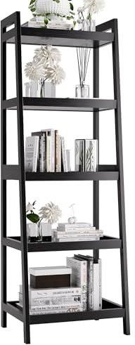 vovala Libreria, libreria a scala a 5 livelli con struttura in bambù, mensola per piante da esposizione alta e stretta autoportante per soggiorno, cucina, camera da letto, balcone, Nero