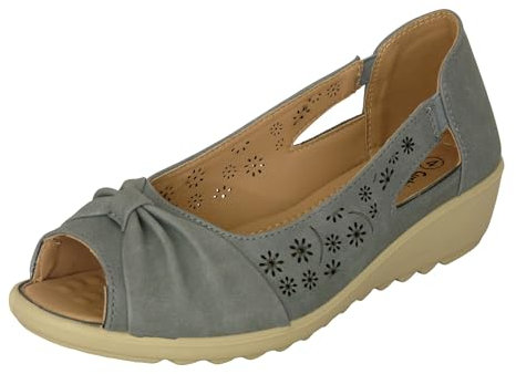 Cushion Walk EEE Fitting Wide Fit Women's Ladies Lightweight Slip-on Faux Leather Low Wedge Open Peep Toe Shoes Sandals with Bow (5 UK, Blue)