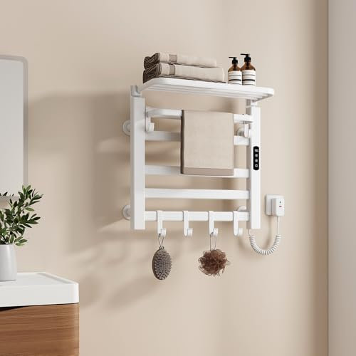 EMKE Sèche-Serviettes Électrique de Salle de Bain 500 x 500 mm, Porte-Serviettes Chauffant électrique à température constante, Séchoir à Serviettes avec étagère 140W, Blanc