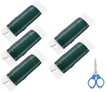 Abiyou 5PCS Grün Blumendraht, Basteldraht Grün Dünn Senden Klappschere, 35Mx0.7MM Wickeldraht Basteldraht, Reißfester Blumendraht grün, Bindedraht basteldraht, für Handwerk, Pflanzentraining, Blumen