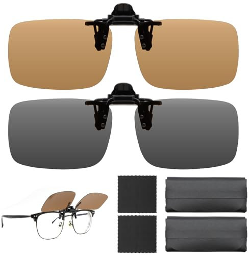 KASURE 2 Pairs of Clip on Sunglasses, Polarized Flip up Glasses, Lens Width 60MM for Prescription Glasses | Anti Glare | UV400 Protection | 2 Color (Dark Grey and Brown), Suitable for Driving, Fishing
