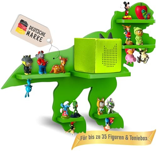 TONIGAL® Tonie Regal Dino mit Platz für bis zu 35 Tonie Figuren, Toniebox & Ladestation I Magnetisches Toniebox Regal aus Holz in Grün zum Aufhängen I Sicheres Tonieregal mit gerundeten Ecken