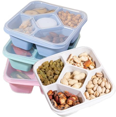 ZHUIYIWIN Cajas de aperitivos, 4 piezas loncheras Bento reutilizables con 5 compartimentos para niños y adultos, recipientes divididos de almacenamiento de alimentos con caja de salsa para la escuela