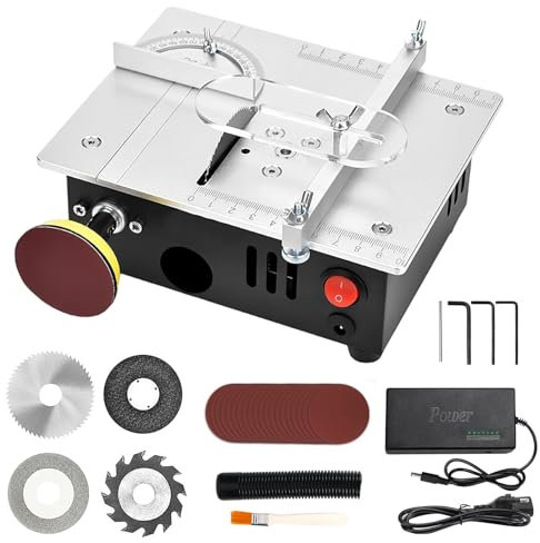 Mini Sierra de Mesa con 4 cuchillas, 96W Mini Sierra Circular de Mesa, Mesa de Corte para Madera con solapa de seguridad, Sierra circular de Mesa 7-Velocidades de Ajustable para artesanía de madera