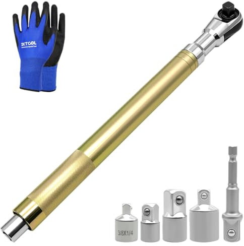 ZKTOOL Clé à choc avec embout décalé, mandrin 1,27 cm, clé à cliquet renforcée extensible, clé à chaîne extensible, avec adaptateurs de mandrin carré 1,27 cm, 0,6 cm, 0,95 cm, s’adapte aux douilles