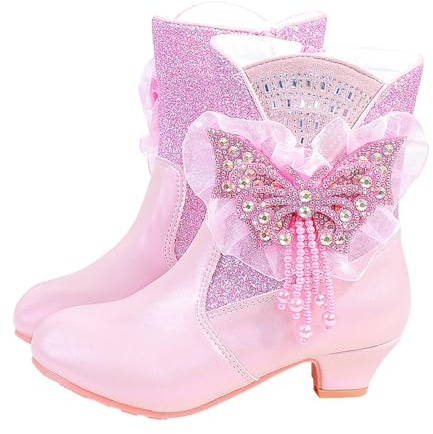 Zeiayuas Kids Girls Glitter Sequin Boots Warm Side Zipper Low Heel Ankle Boots Winter Non-Slip Outdoor Sparkly Plush Faux Fur Lined Shoes High Heeled Princess Shoes