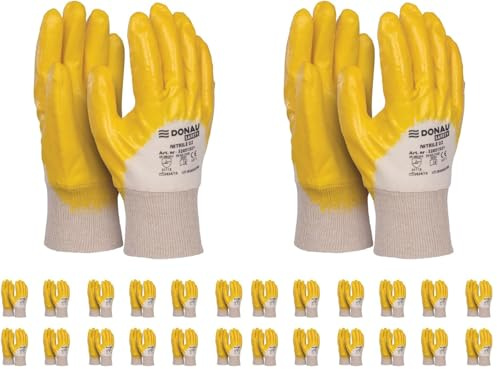 DONAU SAFETY Guanti da lavoro in maglia di cotone uomo/protettivi in nitrile rivestito/taglia 9, 12 paia/giallo bianco/guanti di montaggio/per lavoro meccanico servizio trasporto e costruzione