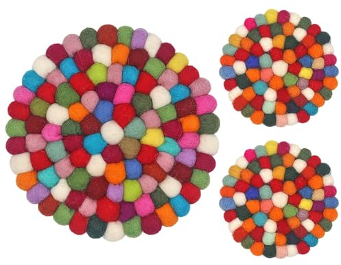 Juego de 3 posavasos de bolas de fieltro redondas, posavasos de fieltro hechos a mano, posavasos de fieltro para tazas, ollas, sartenes y tazas para mesa, escritorio, cocina, decoración, accesorios