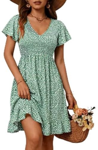 ROFUSSO Robe D'été à col en V et Manches à Volants pour Femme Robe Midi Décontractée à Motifs Floraux Robes D'été Légères pour la Plage