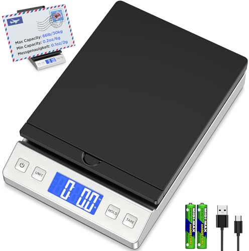 KUAIVO Postal Scales, 30kg High Accuracy Digital Parcel Scales with Hold & Tare Function, Filp-up Postage Scales for Packages, Letters, Home, Office Use (Incl Charging Cable, 2 AAA Batteries)