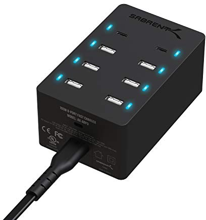 SABRENT USB Ladegerät, 100W Netzteil USB-Schnellladegerät Ladestation Mehrfach, mit 8 Ports (6 USB typ A + 2 USB Port typ C) Ladestation für MacBook, USB-C Laptop, iPhone, Samsung Galaxy (AX-ADPD)