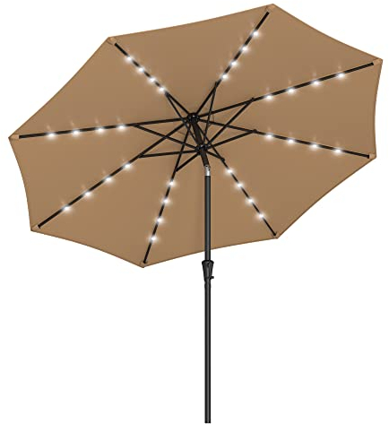 SONGMICS Sonnenschirm 300 cm mit LED-Solar-Beleuchtung, 32 LED-Lämpchen, UV-Schutz UPF 50+, beidseitig um 30° knickbar, für Garten, Terrasse, Pool, Balkon, ohne Ständer, taupe GPU33BR
