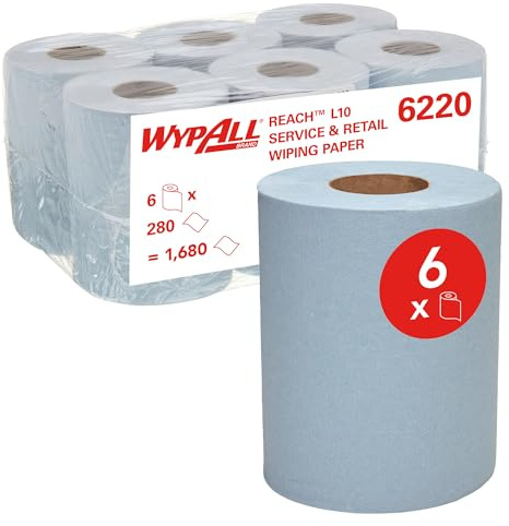 WypAll L10 Service & Retail Wiping Paper 6220-1 Ply Centrefeed Blue Roll - 6 Centrefeed Rolls x 280 Paper Wipes (1,680 Total)
