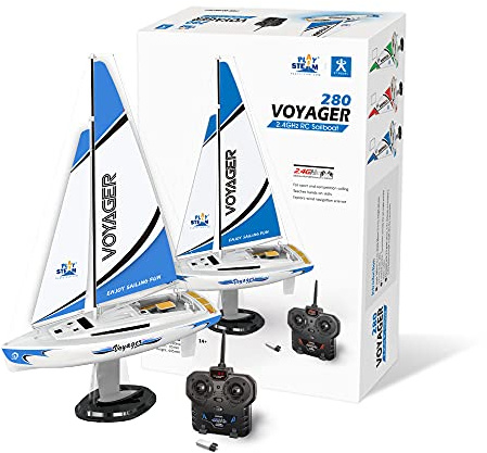 PLAYSTEAM Voyager 280 RC Controlled Wind Powered Sailboat in Blue -17.5 Tall
