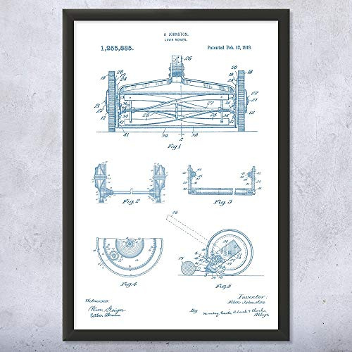 Framed Reel Lawn Mower Print, Hardware Store Decor, Garage Wall Art, Gardener Gift, Landscaper Gifts, Tool Shed Art Blue & White (8x10)