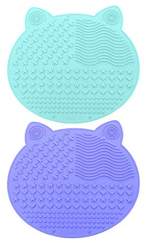 2Pack Makeup Brush Cleaning Mat, Cute Cat Animal Design Silicone Portable Brush Cleaner Pad Washing Tools with Suction Cups (Green+Purple)
