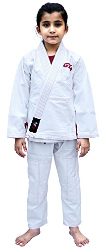 G4 VISION BJJ Kids Jiu Jitsu Gi, Brazilian Jiu Jitsu Uniform, Children Grappling Preshrunk Kimonos Lightweight White Belt (White Pink, K00)