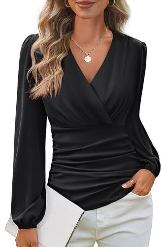 GRACE KARIN Long Sleeve Blouses for Women Dressy Casual, Wrap Tops Work Shirts, 2026 Summer Business Outfits Black XL