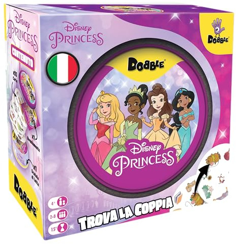 Asmodee – DOBBLE DISNEY PRINCESS – Gioco da Tavolo Rapido e Divertente per Famiglie, Bambini e Amici – Carte da Gioco da Viaggio – Idea Regalo – 2-8 Giocatori – 6+ Anni – Edizione in Italiano