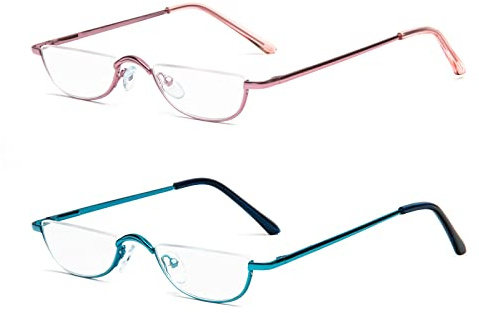 Half Reading Glasses - 2 Pairs Half Rim Metal Frame Glasses Spring Hinge Readers with Leather Pouch for Men and Women (Blue&Pink, 2.25)