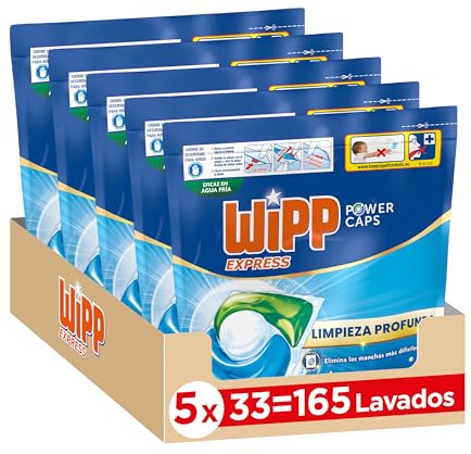Wipp Express Power Caps (5 x 33), Detergente en cápsulas lavadora que proporciona luminosidad, pastillas lavadora para una limpieza profunda, hasta 30 días de frescor