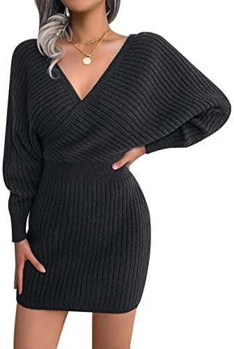 FEOYA Vestito Maglione Donna Invernale Abito Maglia Manica Lunga Pipistrello Autunno Vestito in Maglia Corto Mini scollo a V Abito Jersey Avvolgente Bodycon Tubino Costine Sexy Casual Primavera Nero S