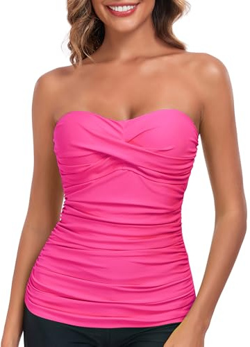 RELLECIGA Women's Neon Rose Ruched Bandeau Tankini Top Swimsuits Size Large