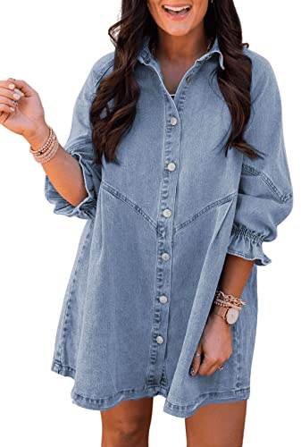 Sidefeel Womens Smocked 3 4 Sleeve Button Down Denim Jeans Dresses X-Large Sky Blue