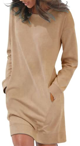 ORANDESIGNE A Cachi Vestiti Casual da Donna Moda Linea A Abito in Maglione Girocollo Elegante Mini Abito Corto A Maniche Lunghe Tinta Unita Sweatshirt Felpa Lunga Pullover Invernale L