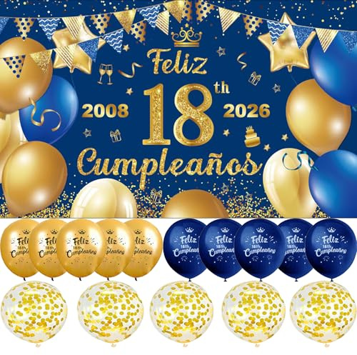 (1+15) Decoración para Cumpleaños 18 Escrita en Español 1 Pancarta Happy 18th Birthday Decoración 18 Años Azul Oro Happy Bithday Fondo Cartel con15 Globos Adornos Kit para Cumpleaños
