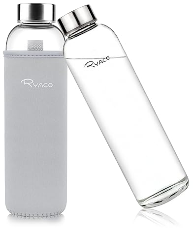 Ryaco Trinkflasche aus Borosilikatglas, BPA-frei, auslaufsicher, für heiße und kalte Getränke, Neoprenhülle, Schwammbürste, für Schule, Zuhause, Büro, Reisen, Sport, Yoga, 1 l