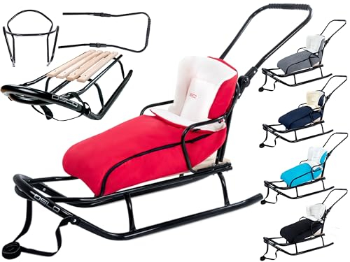 GagaDumi Oslo Schlitten aus Metall mit Rücklehne mit Sicherheitsgurte Schubbügel und Fußsack Babyschlitten Rodel Ideal für Kinder und Erwachsene Belastung bis 120 kg Rot