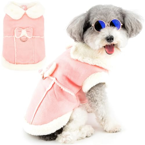 Zunea Dog Winter Coats for Small Dogs Cats Shearing Fleece Dog Jacket Coat with D-Ring Cute Puppy Clothes with Bow Soft Warm Fleece Vest Clothing Windproof Cold Weather Pet Chihuahua Apparel Pink XS