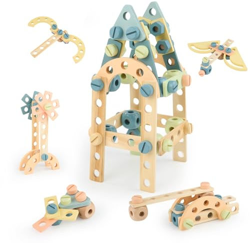 Hawthyhome Holz Konstruktionsspielzeug Kinder, Bauspielzeug Konstruktionsspiel 56 Pcs, Holzgebäude Spielzeug für Kinder, Konstruktionsset Holzspielzeug Bauwerkzeuge für Junge und Mädchen ab 3 Jahre
