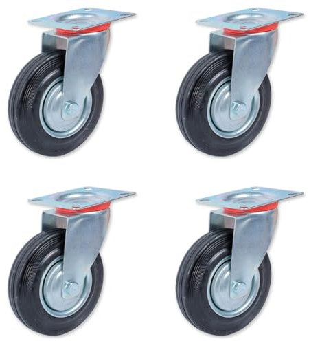 Acan Tradineur - Pack de 4 Ruedas giratorias para Muebles, Goma y Hierro, Incluyen Placa de Montaje, Rueda de Transporte para Cargas Pesadas, Industrial, Peso máx. 100 kg, Ø 125 mm