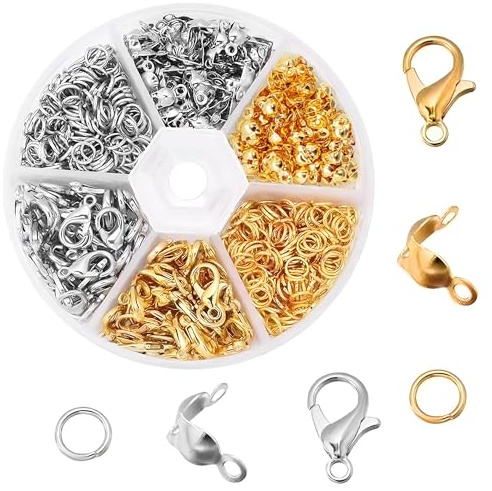 Ensemble de 340 fermoirs mousquetons, fermoirs de bracelet pour la fabrication de bijoux, fermoirs et fermetures de bracelet avec boîte en plastique, connecteurs d'anneaux ouverts, fermoirs de collier