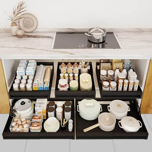 Mointal Organizador de Armario de 2 Piezas, Cajón Deslizante de Cocina Telescópica, Estante Extensible Debajo del Fregadero, Sin Tornillos/Taladros, Ancho Ajustable, Negro