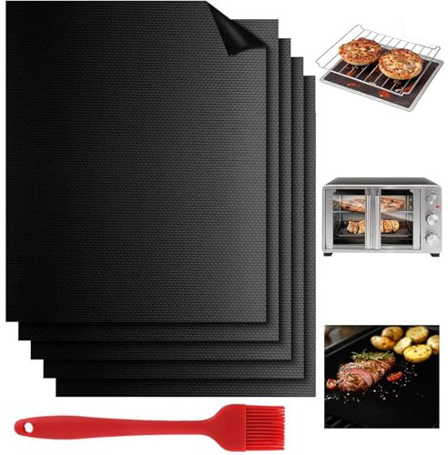 Grill Mat, Set of 5 Non-Stick Barbecue Baking Mat– Reusable Cooking mats for Charcoal, Gas, and Electric Ovens, Durable Easy-to-Clean Barbecue Mats, Include 1Pc Oil Brush(40 x 33 cm)