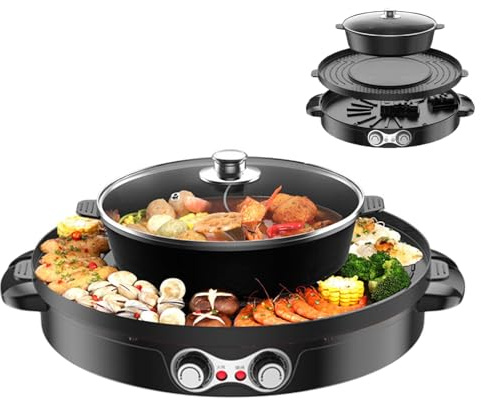 TkkMivcOC Elektrisk Hot Pot 2 200 W, 2-i-1 BBQ grillplatta, bärbar bordsgrill hotpot-gryta med non-stick-beläggning, elektrisk avtagbar kastrull för biffar kött grönsaker (svart)