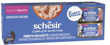 Schesir, Atún con Anchoitas en Caldo, Comida Húmeda Completa para Gatos, en Lata, con Vitaminas Añadidas, 100% Natural, 6 x 85 g