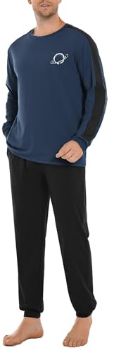 Crewhpo Pijama Hombre Invierno Algodón Conjunto de Pijamas Manga Larga Ropa de Dormir 2 Piezas con Largo Camiseta y Pantalones