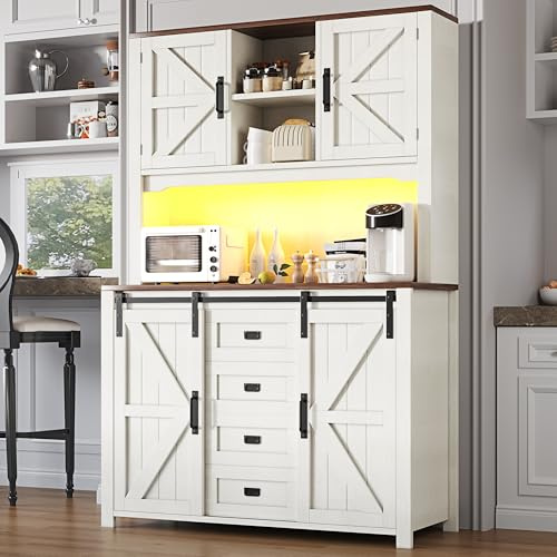 Oxtao Armadio da cucina a buffet, con cassetti, credenze con ante scorrevoli e illuminazione a LED, scaffale regolabile, per cucina, soggiorno, bar, 115 × 40 × 174,7 cm (bianco-B)