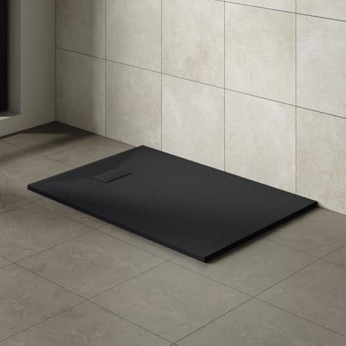 Aquariss Bathroom Rectangular 1300 x 900 mm Slate Effect Shower Tray Black | Slimline Anti Slip, SMC Wetroom Shower Cubicle Base, for Walk In Shower Door, Durable, Low Profile