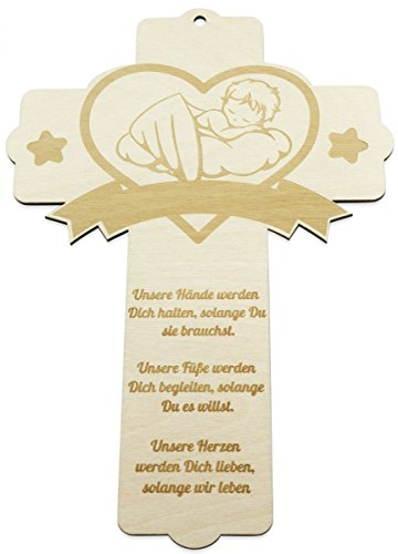 GRAVURZEILE Taufkreuz aus Holz im Wolke 7 Motiv - Geschenk zur Taufe - Kinderkreuz fürs Baby zur Geburt Kommunion | Taufgeschenk | 28 x 20 cm