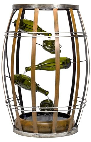 Alpine Corporation 31 Tall Indoor Metal Wine Barrel Table Fountain with Tiered Glass Bottles