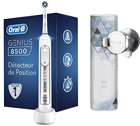 Oral-B Genius 8500n, Brosse à Dents Électrique Rechargeable, Souple pour Voyage, Manche Connecté Bluetooth, Détecteur de Position, 1 Brossette et 1 Étui de Voyage Premium Offert, Argenté