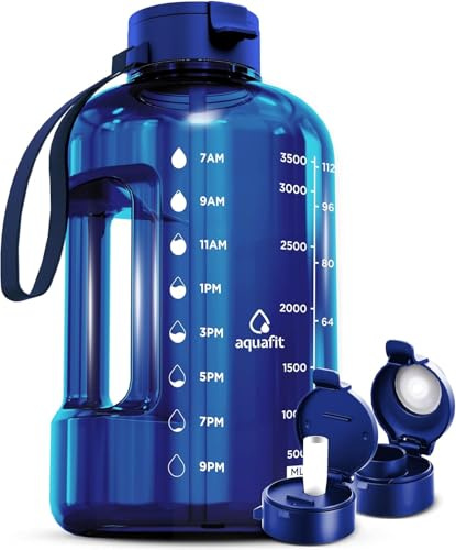 AQUAFIT 4 Litre Water Bottle with Straw - Water Bottle 4L with Time Marker - One Gallon Big Bottle with Straw - Large Bottle For Gym - 2 Lids, Dark Blue