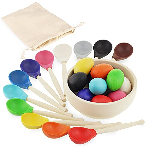 Ulanik Eggs and Spoons Montessori Toy Wooden Sorter Game 12 Eggs 45 mm Age 1+ Colour Sorting and Counting Preschool Learning Education