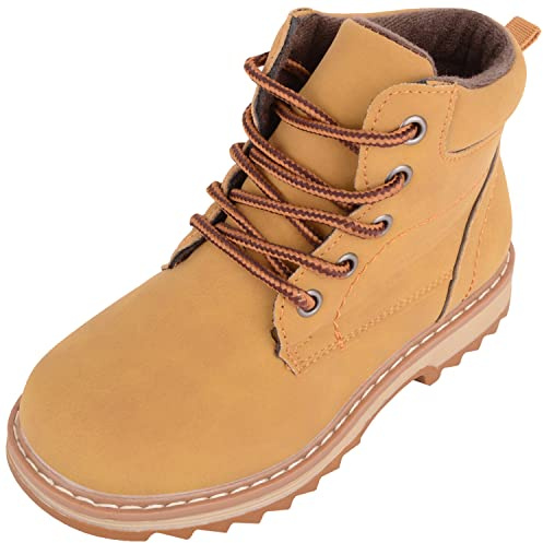 ABSOLUTE FOOTWEAR Kids Boys Lace Up Sturdy Walking PU High Top Boots Shoes, Tan, UK Child 2 / EU 35