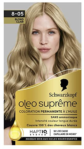 Schwarzkopf – Oleo Suprême – Coloration Permanente à l’Huile – Couleur et Eclat Longue Durée – sans Ammoniaque – Couvre 100% des Cheveux Blancs – HaptIQ Système – Blond Clair 8-05